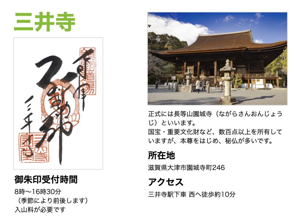 【三井寺】御朱印受付時間は、8時〜16時30分（季節により前後します）。正式には長等山園城寺（ながらさんおんじょうじ）といいます。国宝・重要文化財など、数百点以上を所有していますが、本尊をはじめ、秘仏が多いです。所在地は滋賀県大津市園城寺町246。アクセスは三井寺駅下車 西へ徒歩約10分。